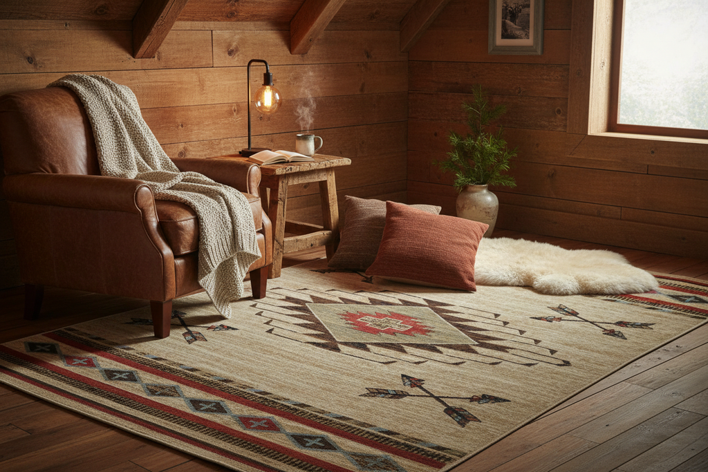Southwestern beige diamond and arrow rug in cozy cabin corner