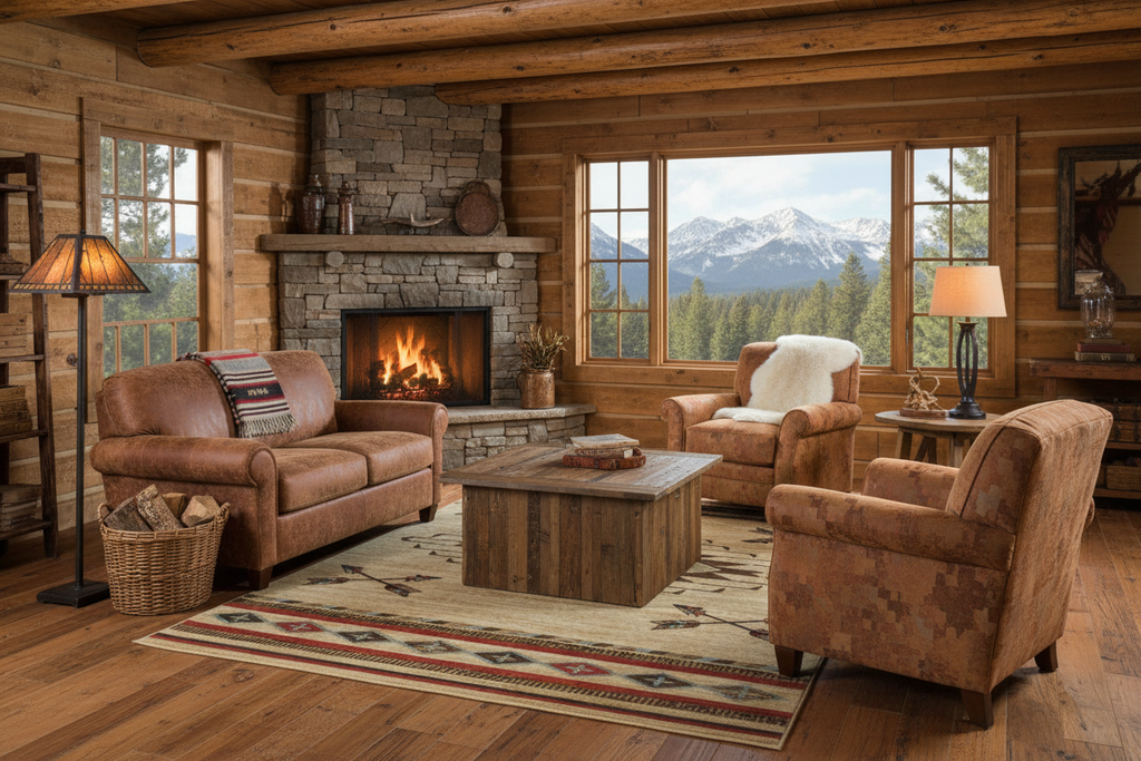 Southwestern rug in properly scaled lodge seating area