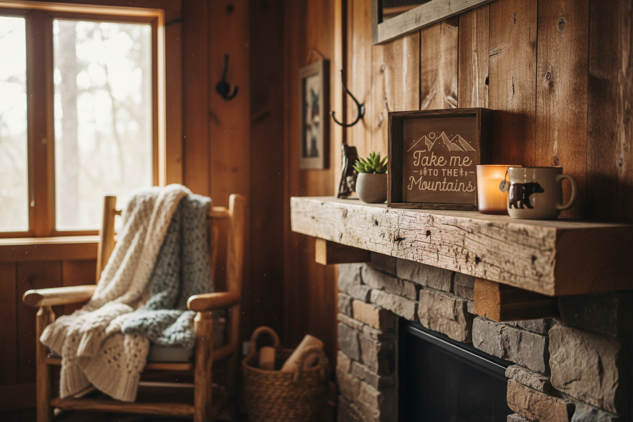 Take me to the Mountains sign in cabin setting