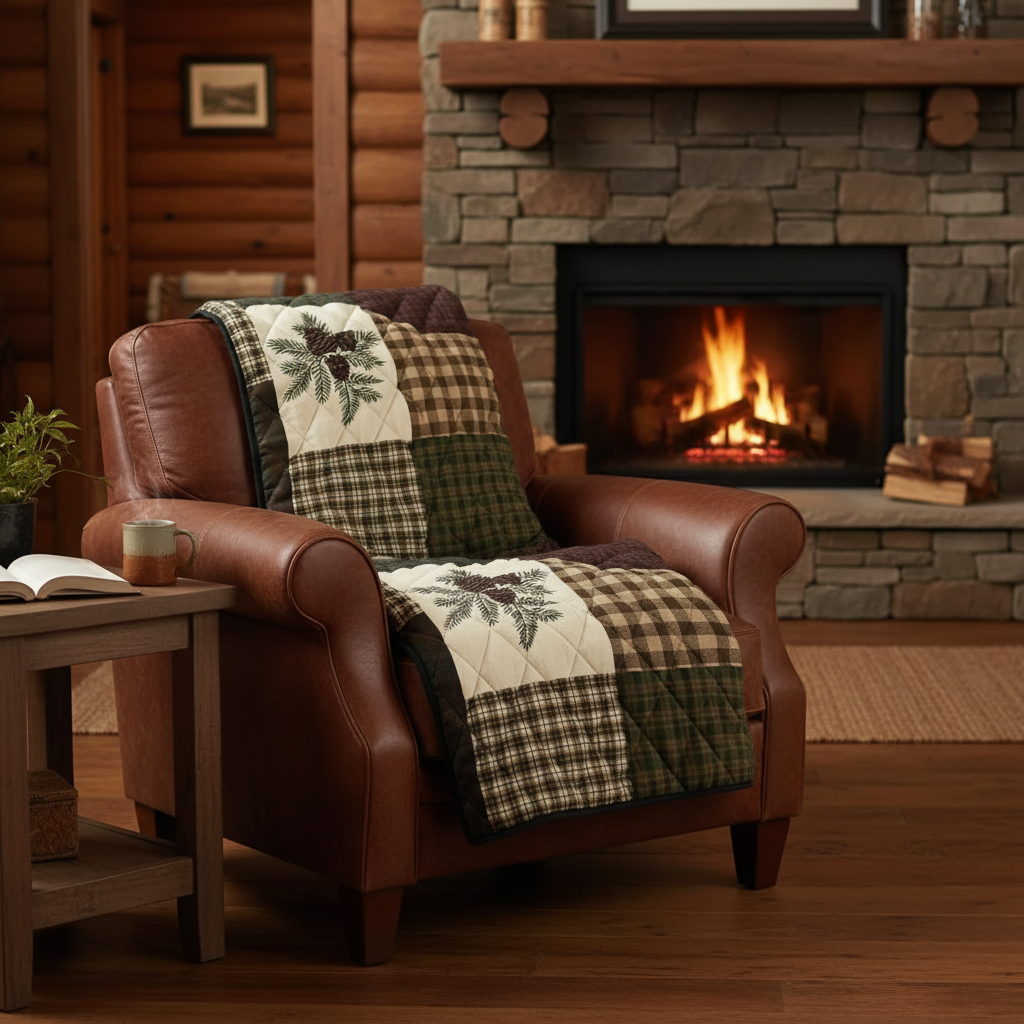 Throw casually tossed on leather chair - clean cabin scene