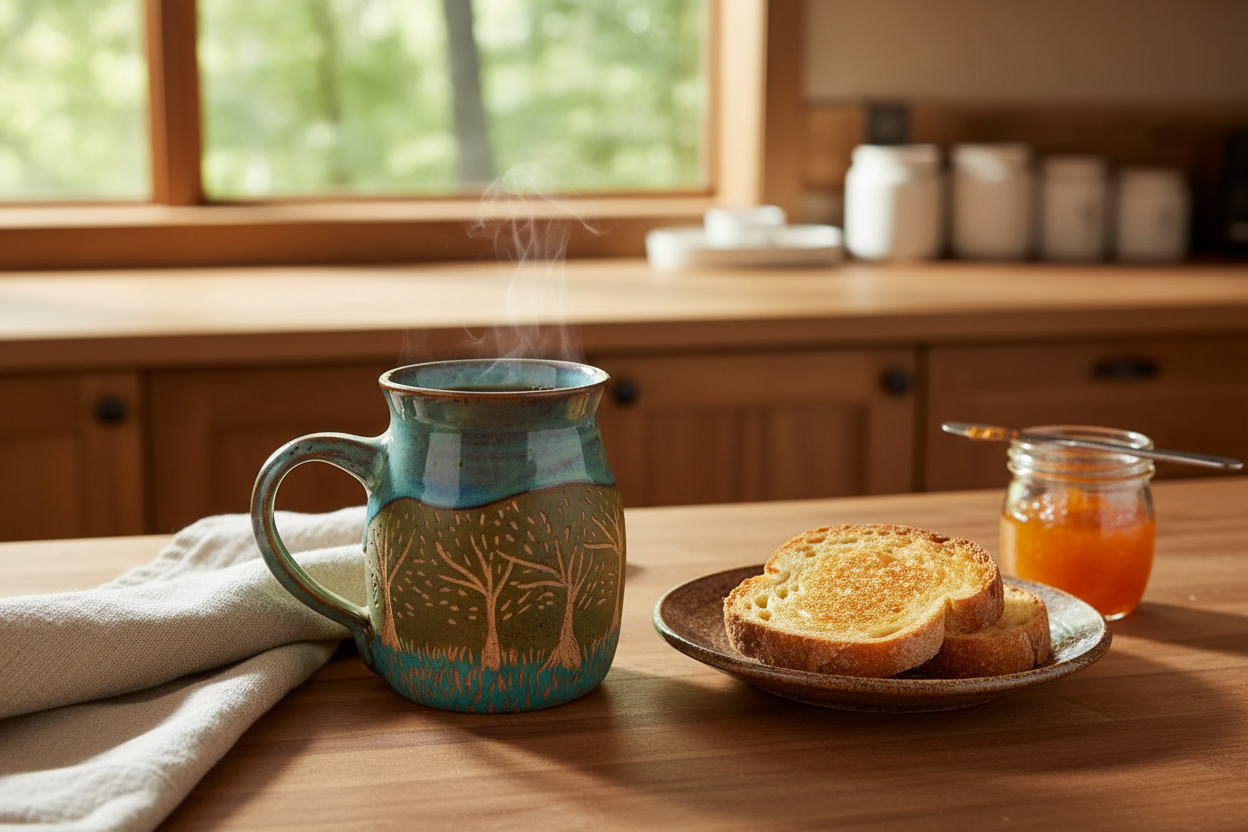 Tree mug with simple toast and jam breakfast
