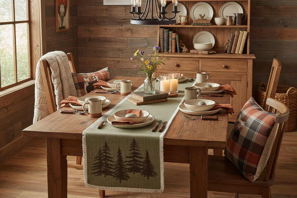 Tree table runner in cabin dining scene
