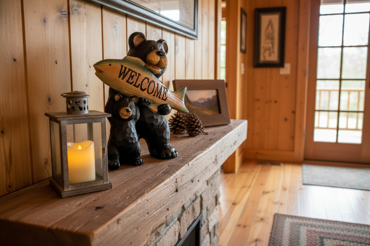 Welcome bear statue on entryway mantel at correct scale