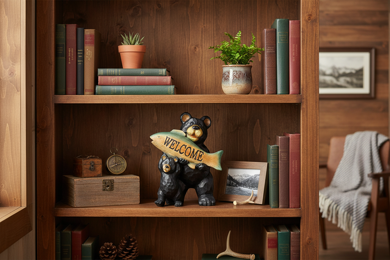 Welcome bear statue on styled bookshelf with books, plants and decor