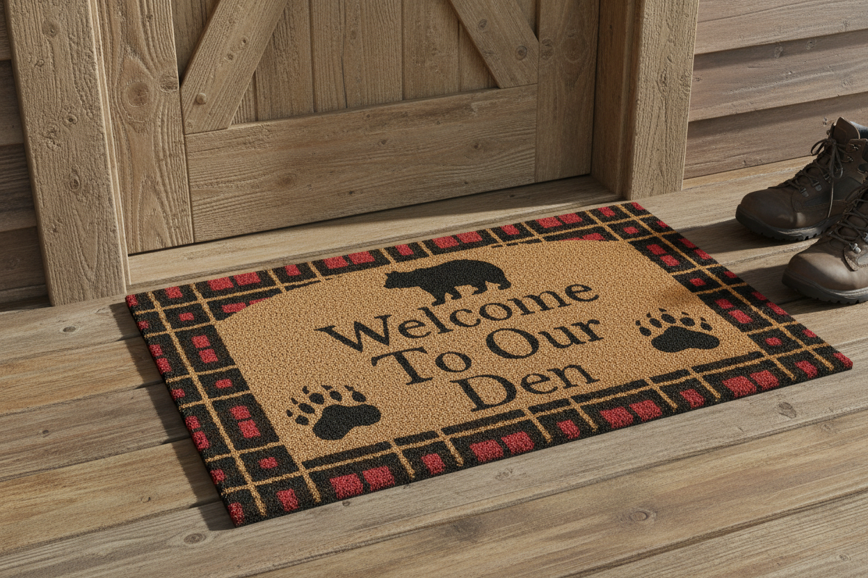 Welcome To Our Den doormat at cabin door