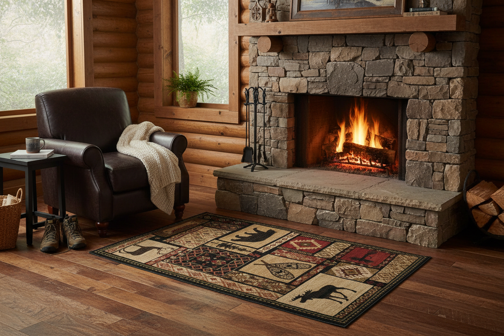 Wilderness patchwork accent rug in cabin