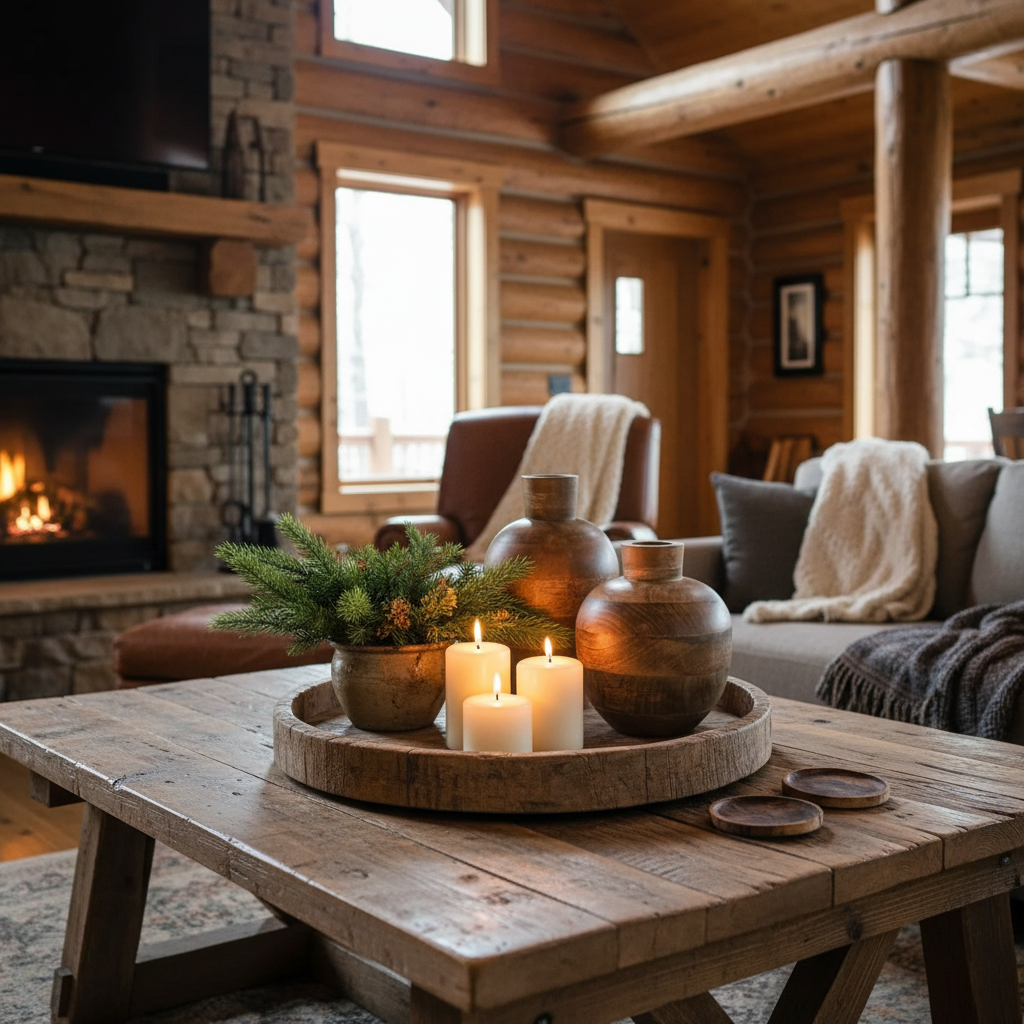 Wooden vases with cabin-inspired greenery